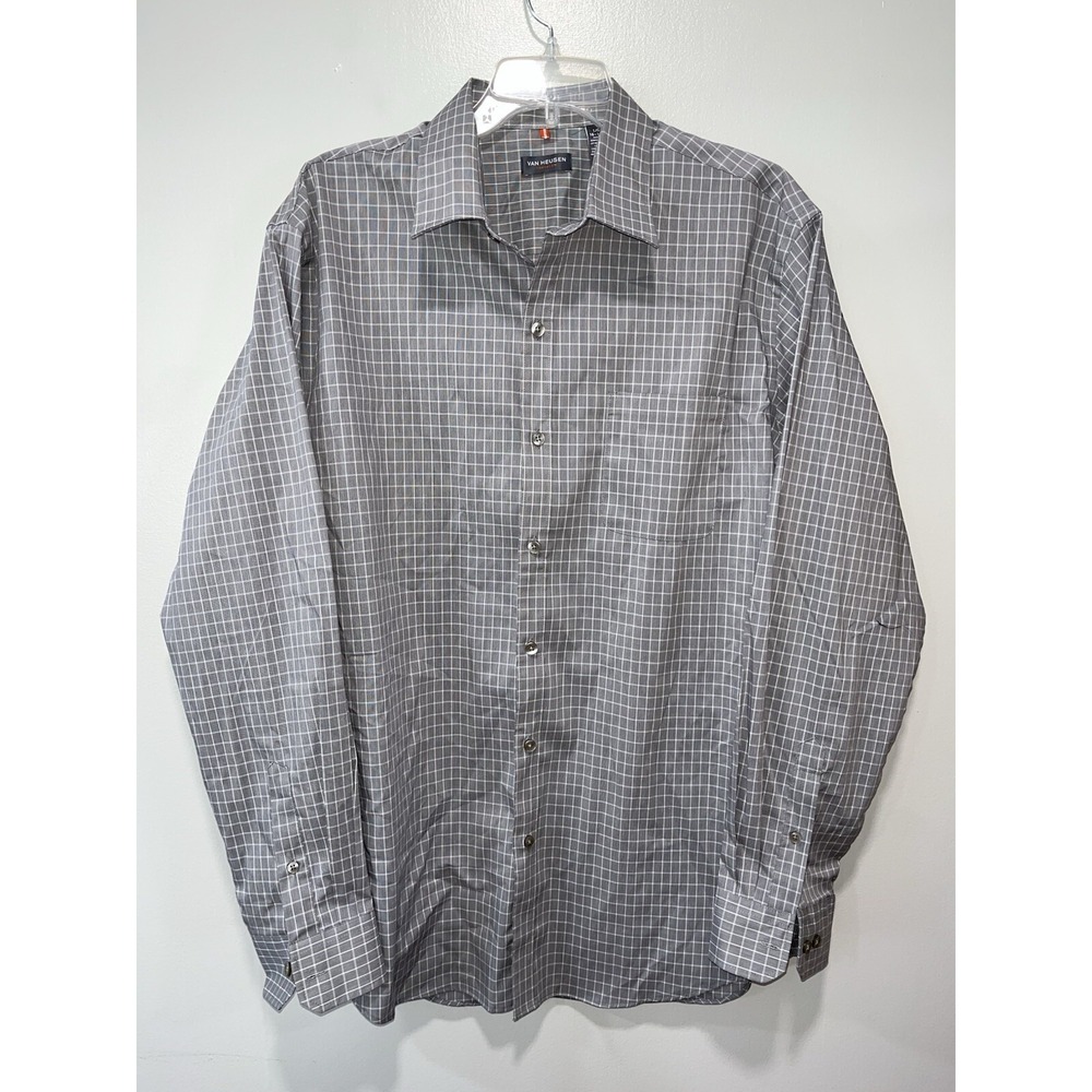 Van Heusen Men's Shirt Button Large 16-16.5 Gray Long Sleeve